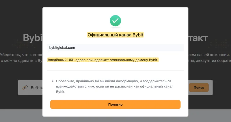 Проверка домена bybitglobal.com в Bybit-идентификаторе: результат «Официальный канал Bybit»