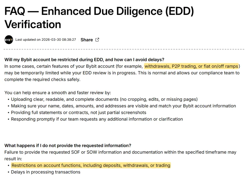 FAQ Bybit о расширенной проверке EDD: на время проверки могут ограничить вывод, P2P и фиатные операции
