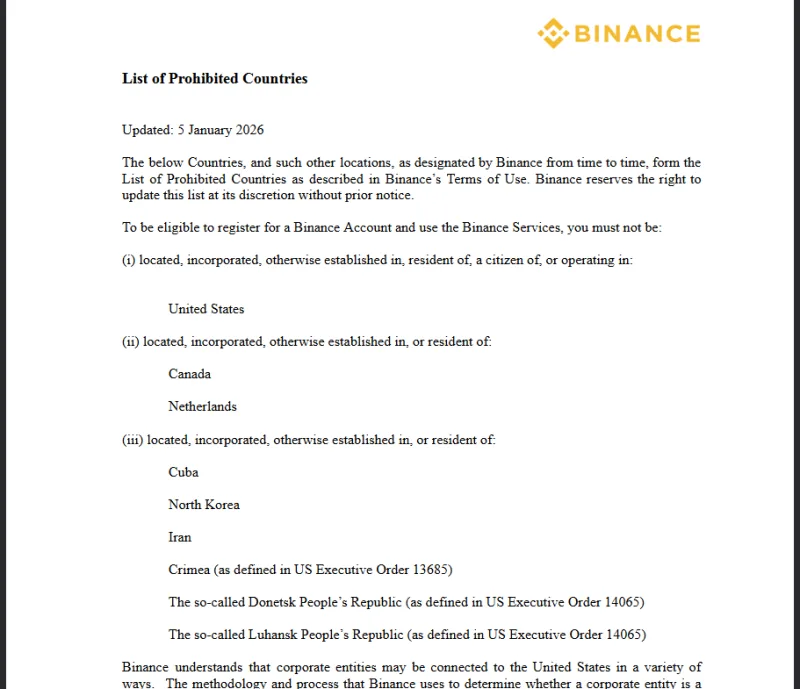 Список запрещённых стран Binance, редакция от 5 января 2026 года: России в нём нет
